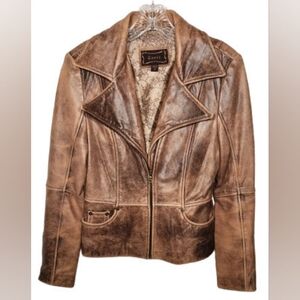 Women's Small Vintage GUESS Distressed Brown Genuine Leather Biker Coat